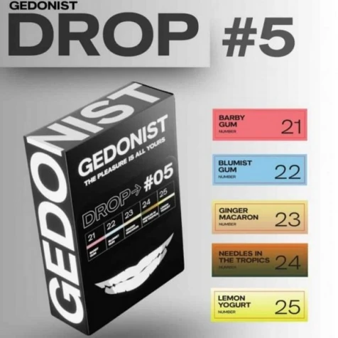 Тютюн Gedonist Drop #5 (Малинова Жуйка, Лохинна Жуйка, Макарун, Тропік Хвоя, Йогурт) 125гр (5*25гр)