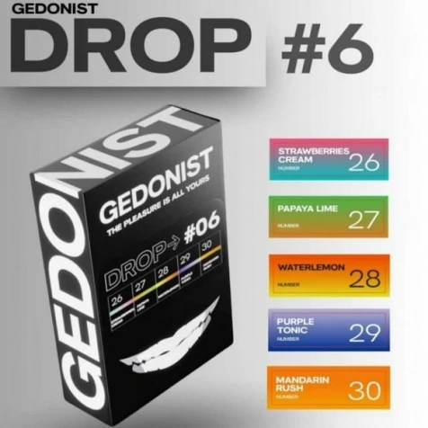 Тютюн Gedonist Drop #6 (Суниця, Папая Лайм, Кавун Лимон, Тонік, Мандарин) 125гр (5*25гр)